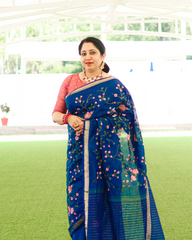 Ziyorah| Silk Linen Saree International Klein Blue Color Floral Embroidered With Running Blouse