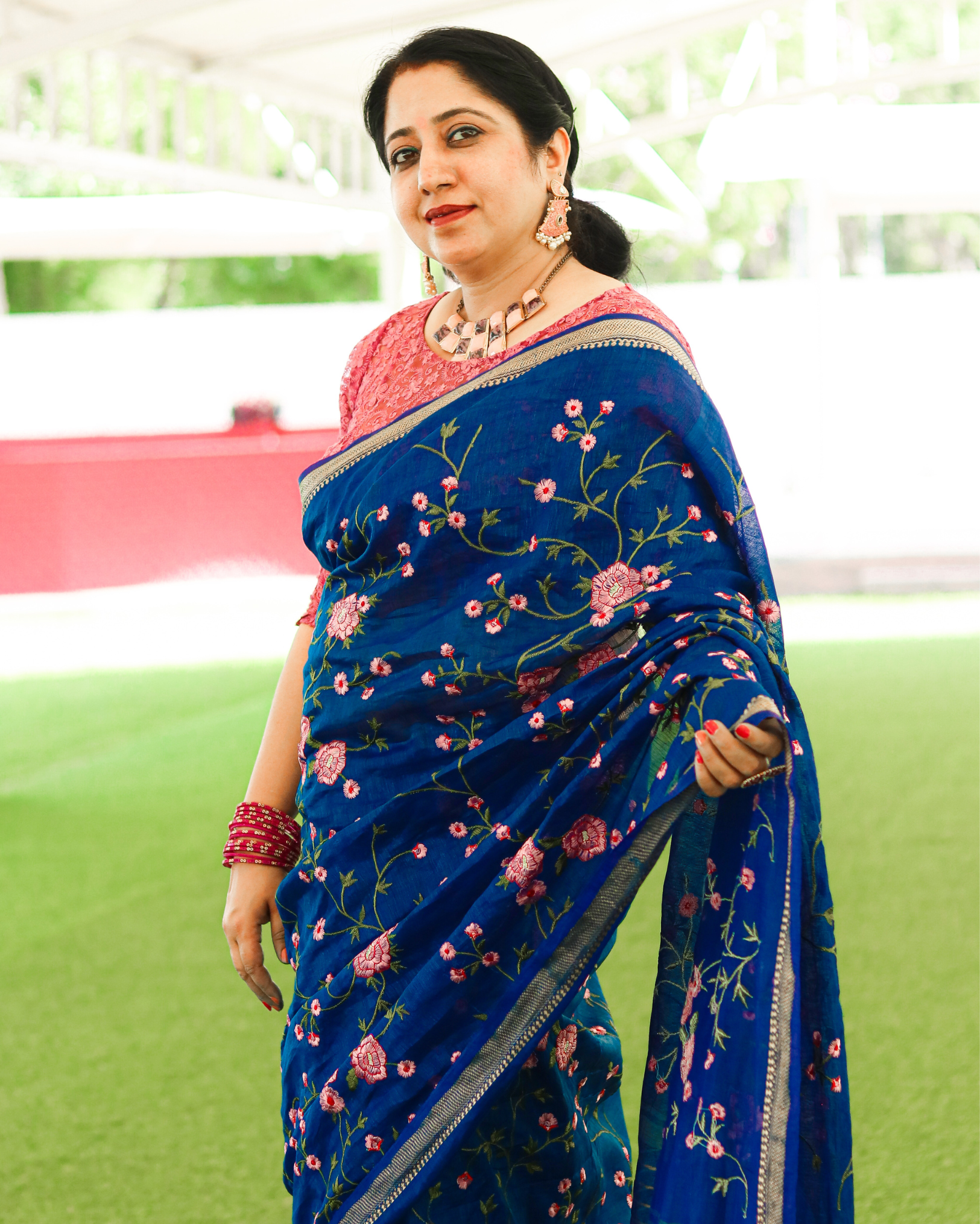 Ziyorah| Silk Linen Saree International Klein Blue Color Floral Embroidered With Running Blouse