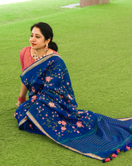 Ziyorah| Silk Linen Saree International Klein Blue Color Floral Embroidered With Running Blouse