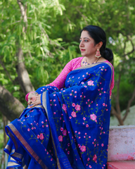 Ziyorah| Silk Linen Saree International Klein Blue Color Floral Embroidered With Running Blouse