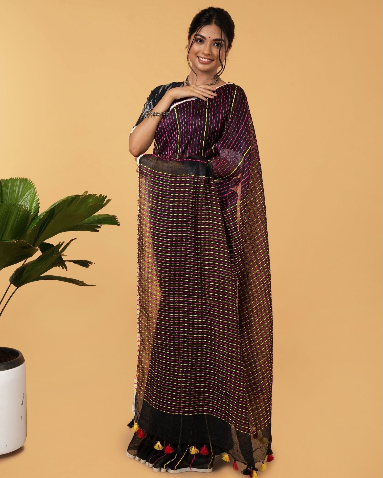 Ziyorah| Kantha Pure Linen Saree Black Colour With Kantha Blouse