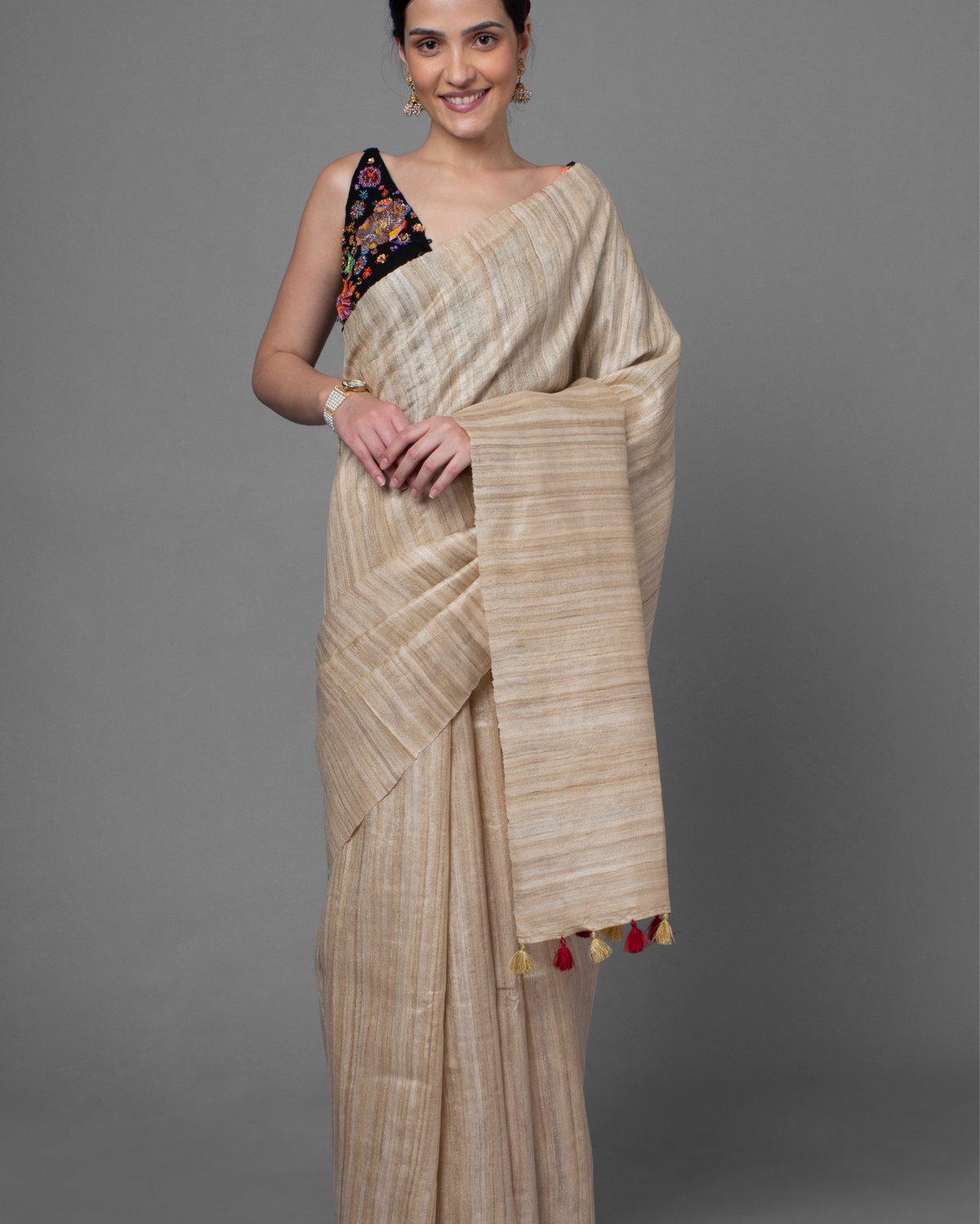 Ziyorah| Silkmark Certified Gichcha Tussar Handloom Hand Dyed Beige Saree With Contrast Blouse