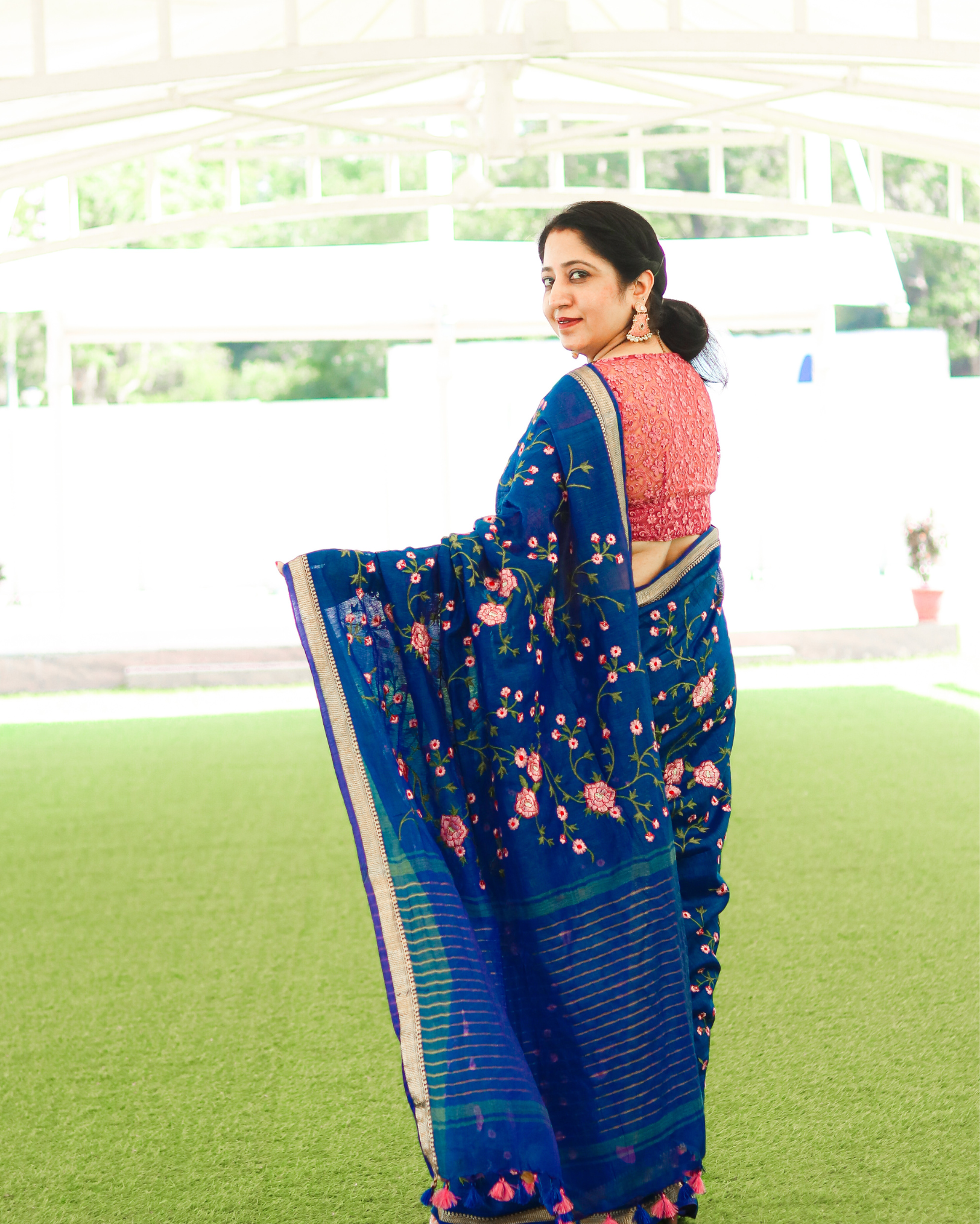 Ziyorah| Silk Linen Saree International Klein Blue Color Floral Embroidered With Running Blouse