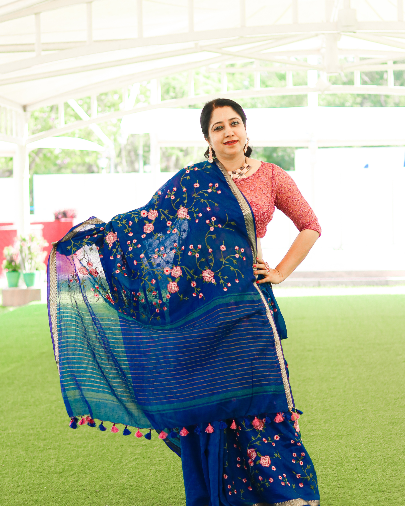 Ziyorah| Silk Linen Saree International Klein Blue Color Floral Embroidered With Running Blouse