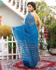 Ziyorah| Pure Linen Saree Blue Color Contrast Striped Pallu With Running Blouse