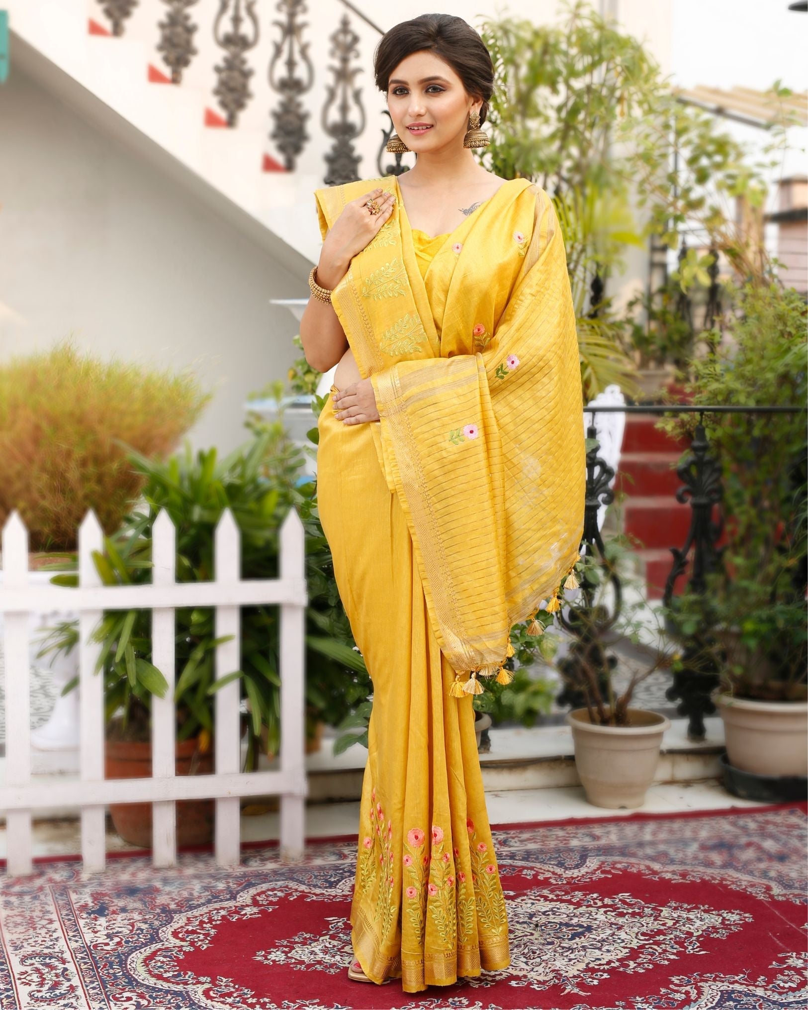 Ziyorah| Silk Linen Embroidered Handloom Mustard Yellow Saree With Blouse