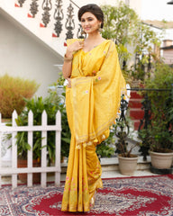 Ziyorah| Silk Linen Embroidered Handloom Mustard Yellow Saree With Blouse