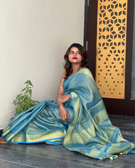 Ziyorah| Hand Dyed Pure Tissue Linen Blue Color Saree With Running Blouse