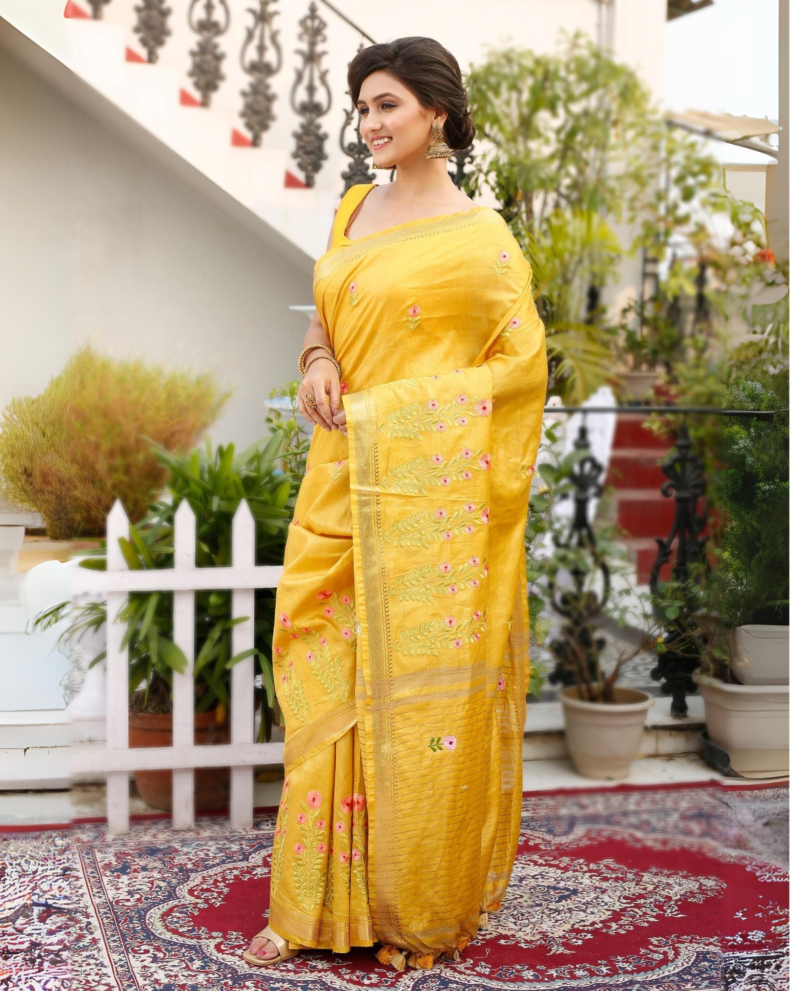 Ziyorah| Silk Linen Embroidered Handloom Mustard Yellow Saree With Blouse