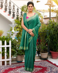 Ziyorah| Silkmark Certified Gichcha Tussar Handloom Hand Dyed Green Plain Saree With Running Blouse