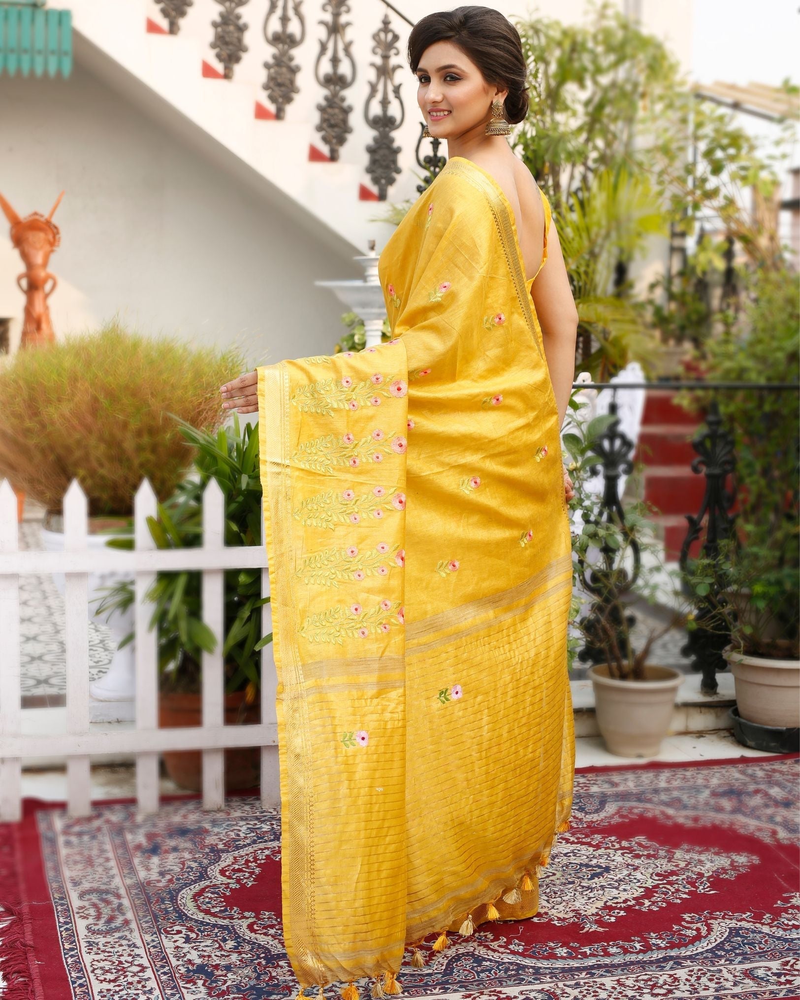 Ziyorah| Silk Linen Embroidered Handloom Mustard Yellow Saree With Blouse