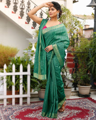 Ziyorah| Silkmark Certified Gichcha Tussar Handloom Hand Dyed Green Plain Saree With Running Blouse