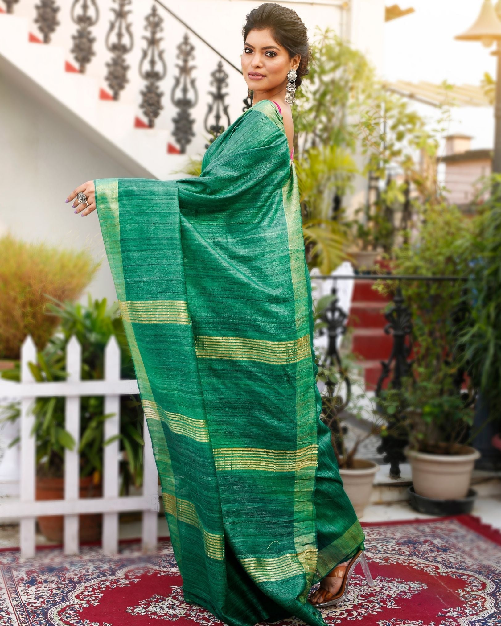 Ziyorah| Silkmark Certified Gichcha Tussar Handloom Hand Dyed Green Plain Saree With Running Blouse