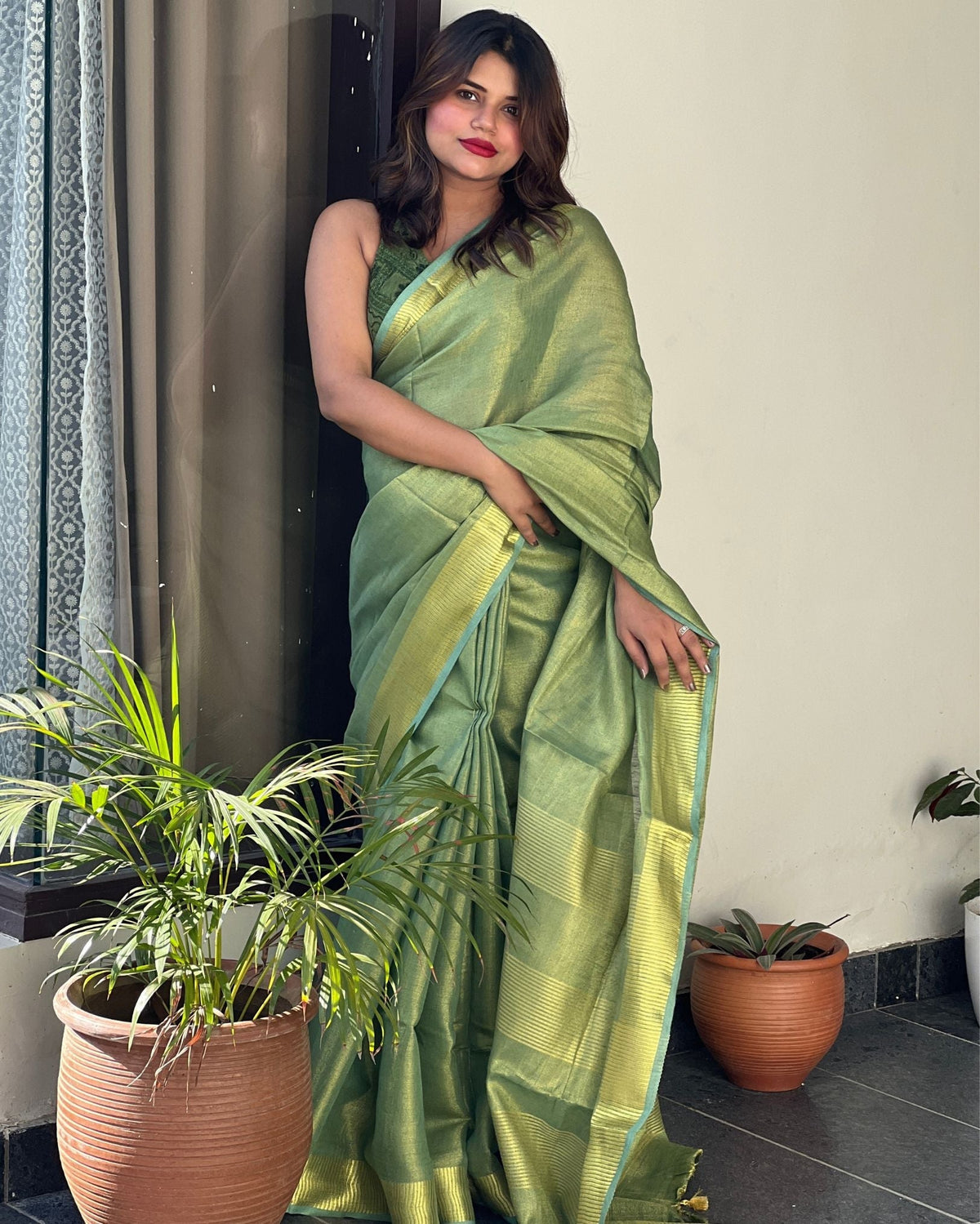 Ziyorah| Hand Dyed Pure Tissue Linen Saree Moss Green Color With Running Blouse