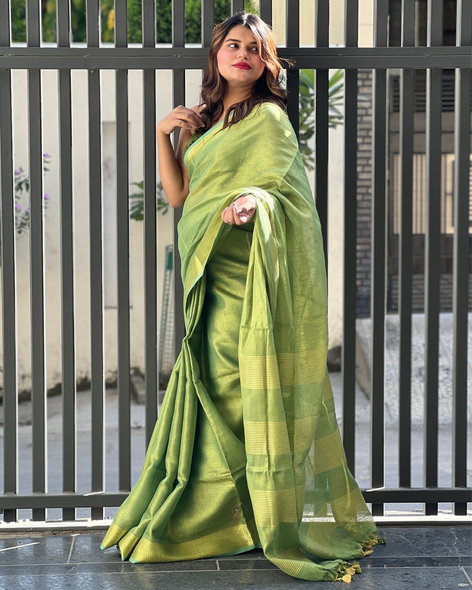 Ziyorah| Hand Dyed Pure Tissue Linen Saree Moss Green Color With Running Blouse