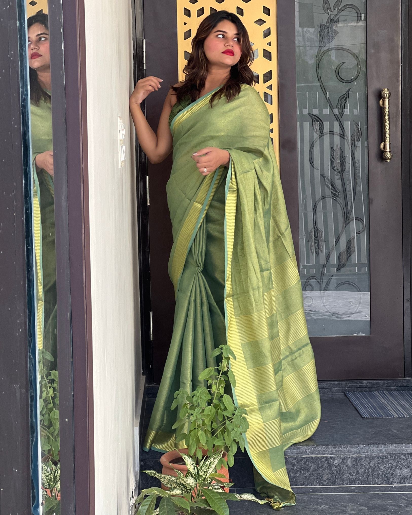 Ziyorah| Hand Dyed Pure Tissue Linen Saree Moss Green Color With Running Blouse