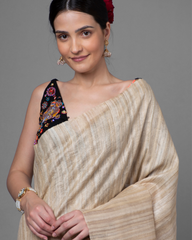 Ziyorah| Silkmark Certified Gichcha Tussar Handloom Hand Dyed Beige Saree With Contrast Blouse