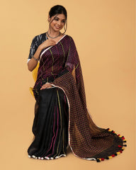 Ziyorah| Kantha Pure Linen Saree Black Colour With Kantha Blouse