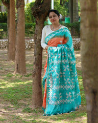 Ziyorah| Kota Silk Saree Orange & Light Sea Green Color Batik Print With Running Blouse