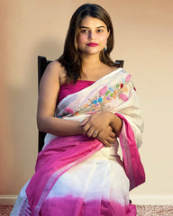 Ziyorah| Pure Linen White & Pink Embroidered Saree With Running Blouse