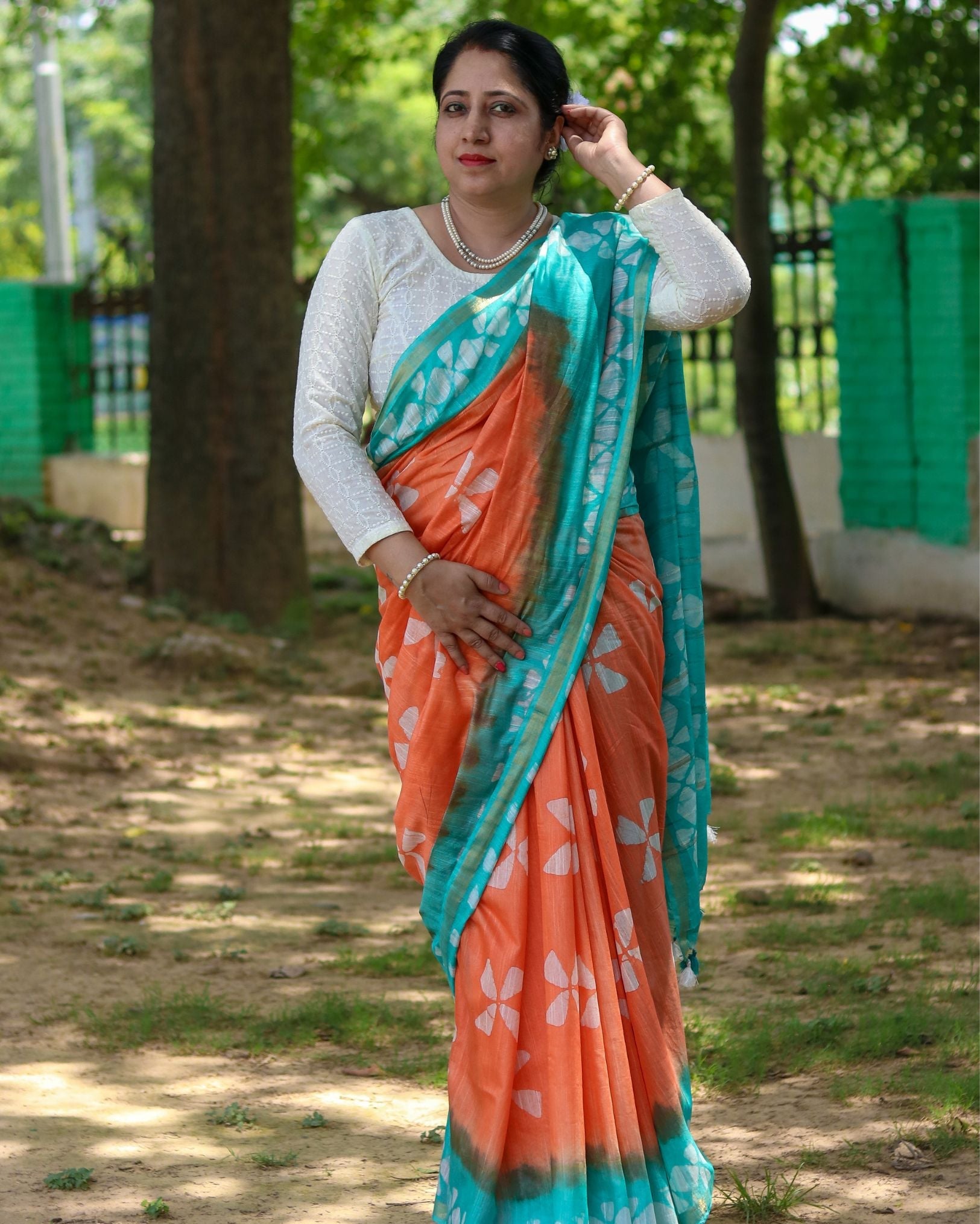 Ziyorah| Kota Silk Saree Orange & Light Sea Green Color Batik Print With Running Blouse