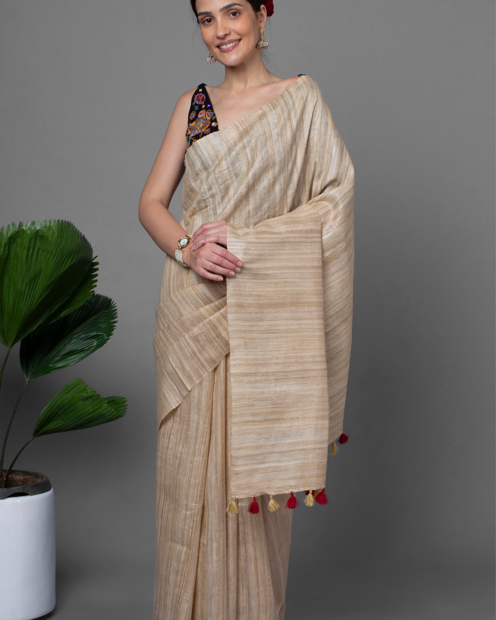 Ziyorah| Silkmark Certified Gichcha Tussar Handloom Hand Dyed Beige Saree With Contrast Blouse