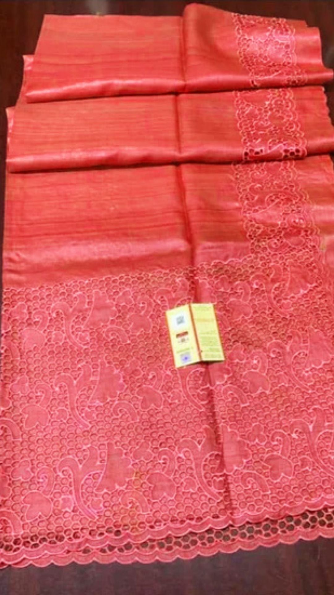 Ziyorah| Silkmark Certified Pure Tussar Hand Cutwork Persian Red Saree (Tussar By Tussar Fabric)