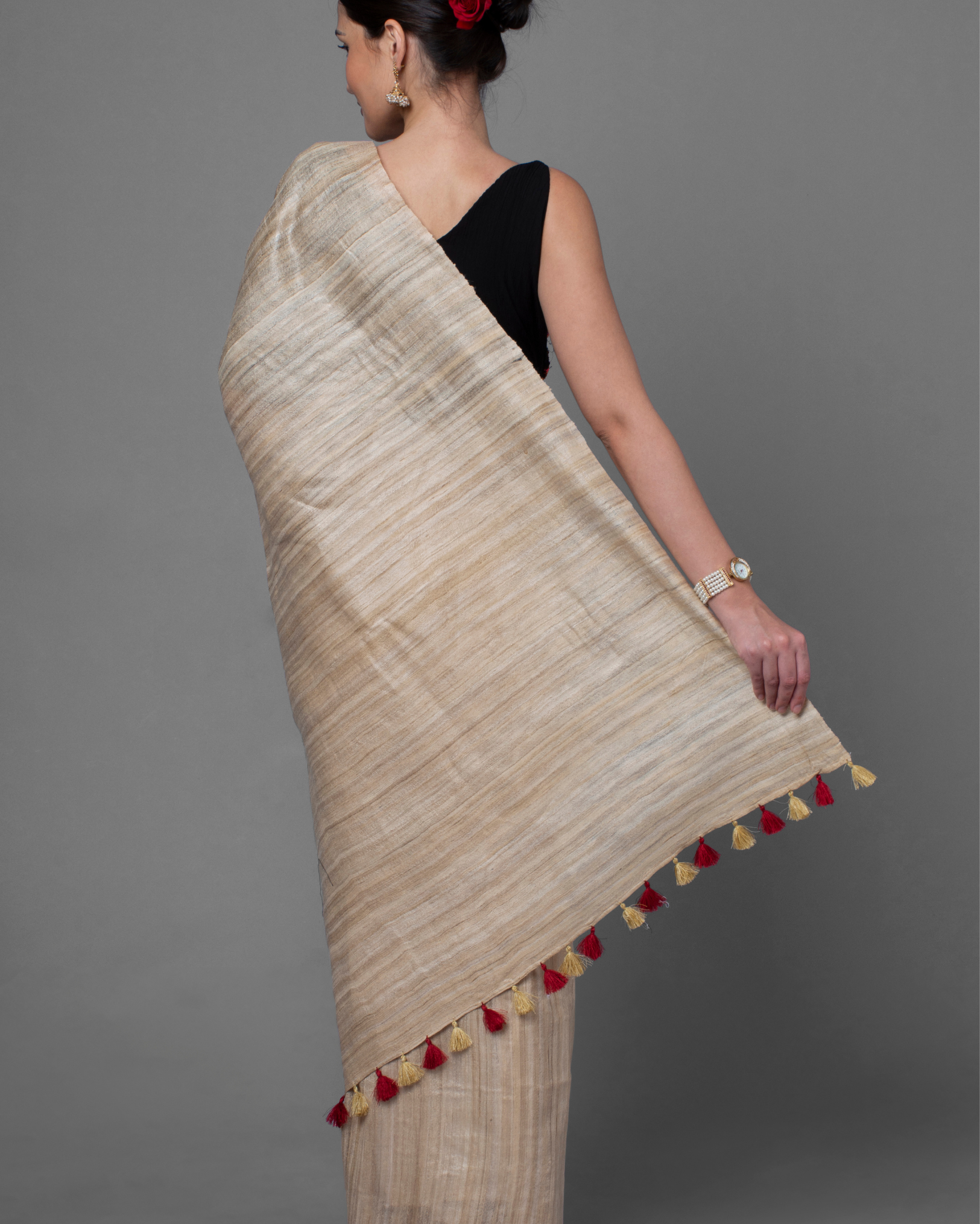 Ziyorah| Silkmark Certified Gichcha Tussar Handloom Hand Dyed Beige Saree With Contrast Blouse