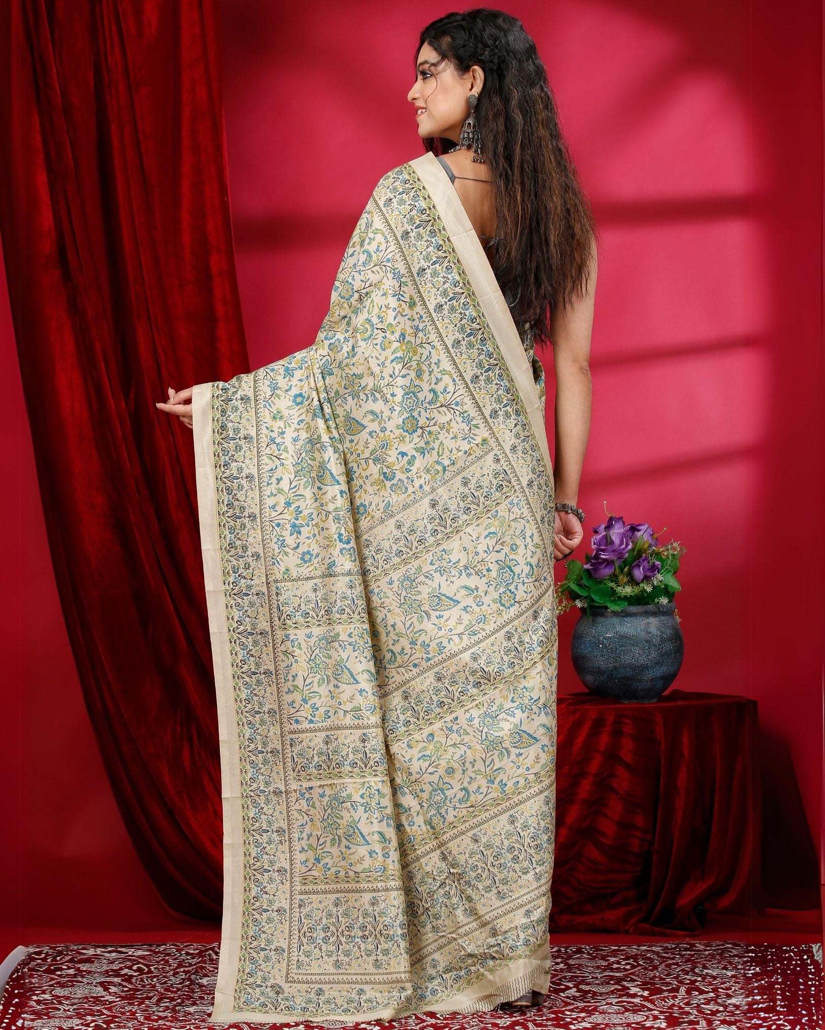 Ziyorah | Kashmiri Silk Off White Printed Saree