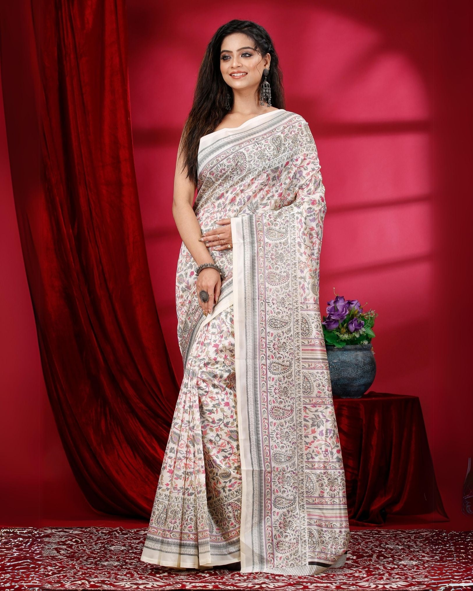 Ziyorah | Kashmiri Silk Off White Printed Saree