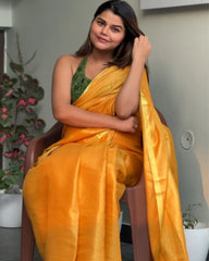 Ziyorah| Hand Dyed Pure Tissue Linen Yellow Color Saree With Running Blouse Hand Dyed