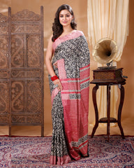 Ziyorah| Silkmark Certified Tussar Silk Handloom Handblock Printed Red Saree With Blouse