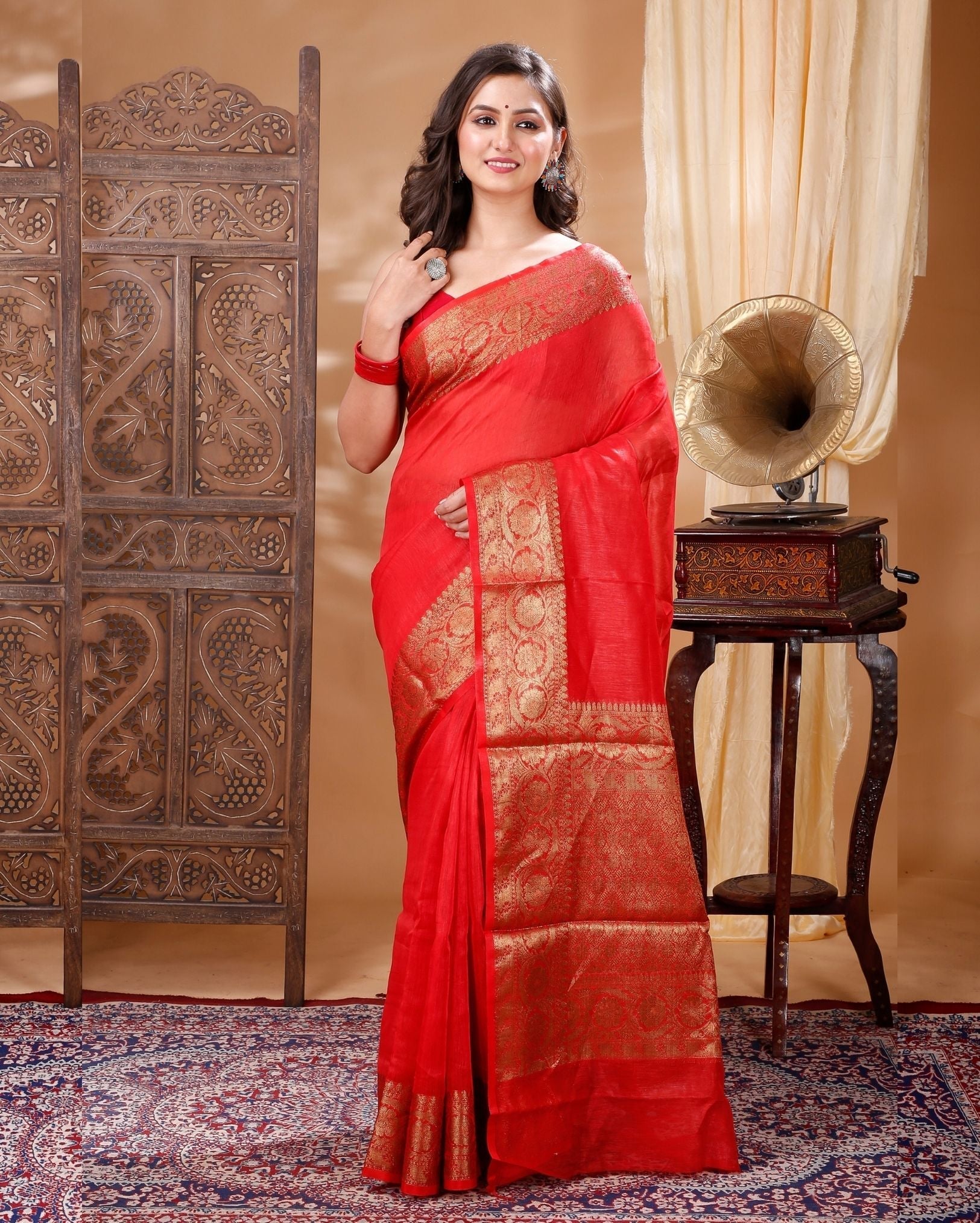 Ziyorah| Silk Linen Banarasi Brocade Handloom Orange Saree With Blouse