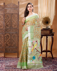 Ziyorah| Kota Doria Paithani Embroidery Designer Saree Light Green Colour With Running Blouse