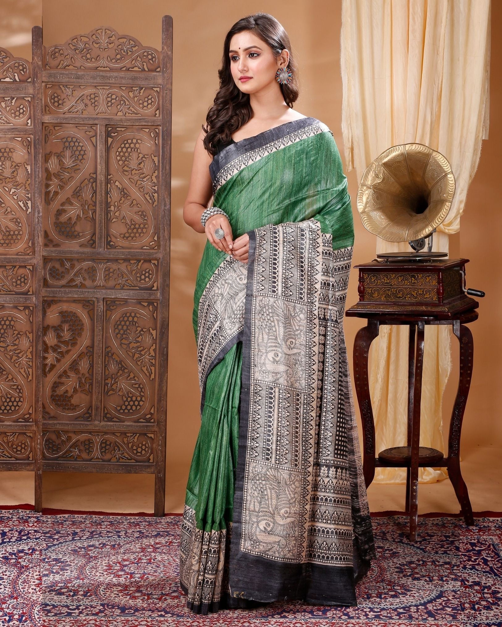 Ziyorah| Silkmark Certified Tussar Silk Handloom Handblock Printed Green Saree With Blouse