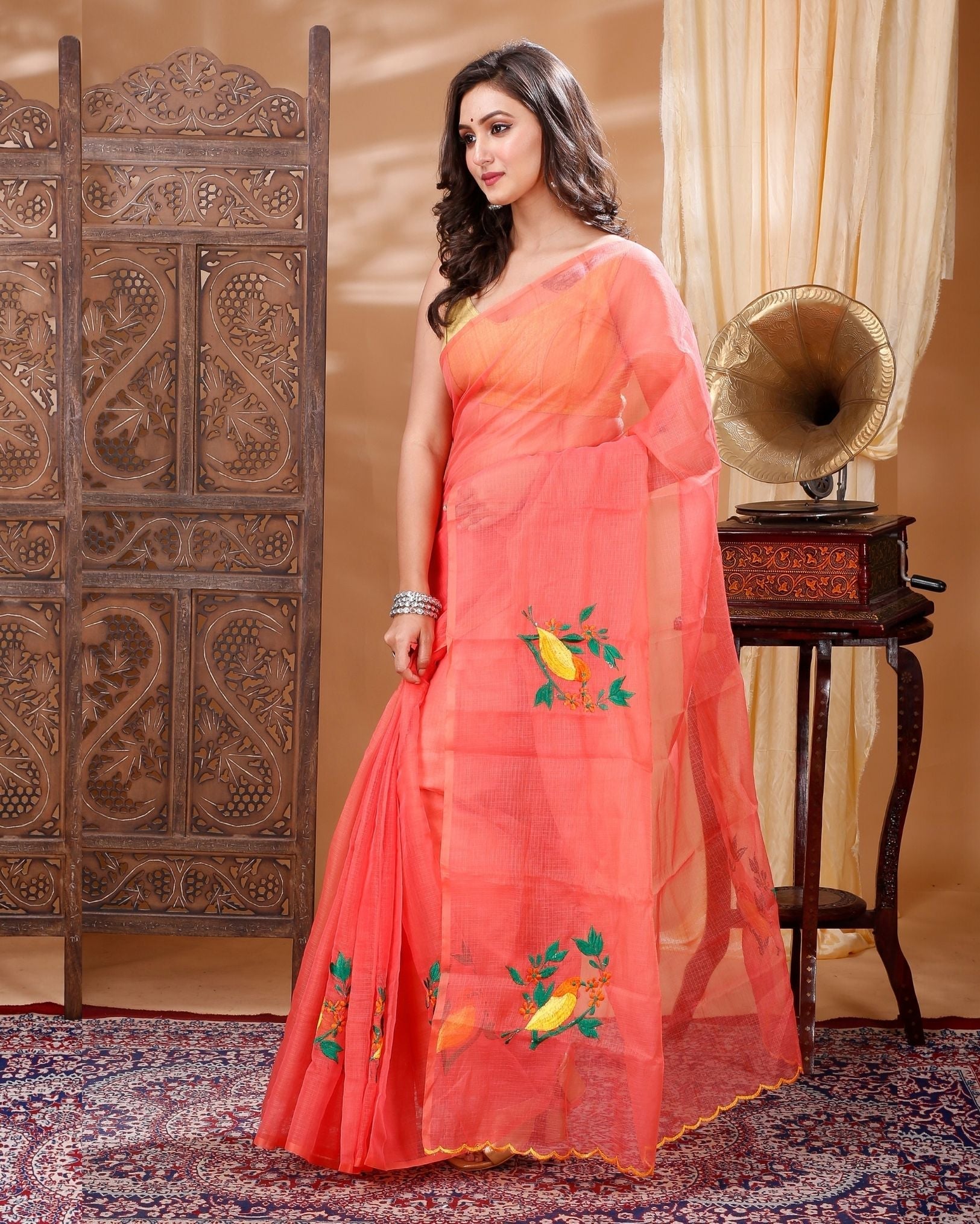 Ziyorah| Kota Doria Embroidery Red Saree With Blouse Handcrafted