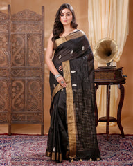 Ziyorah| Silk Linen Handloom Black Saree With Blouse Buta Weaving And Running Blouse