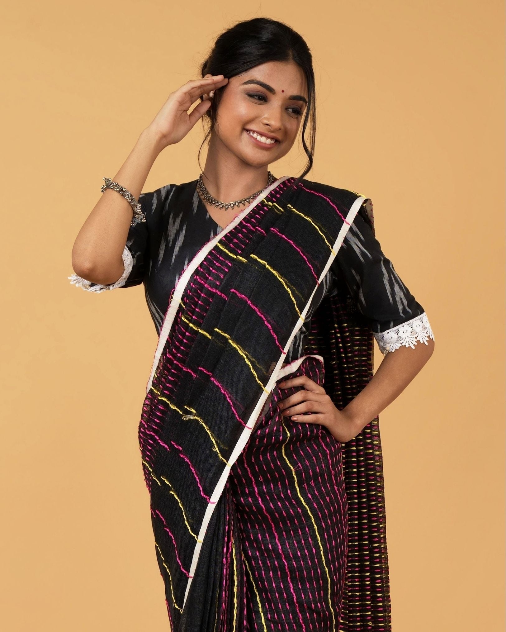 Ziyorah| Kantha Pure Linen Saree Black Colour With Kantha Blouse