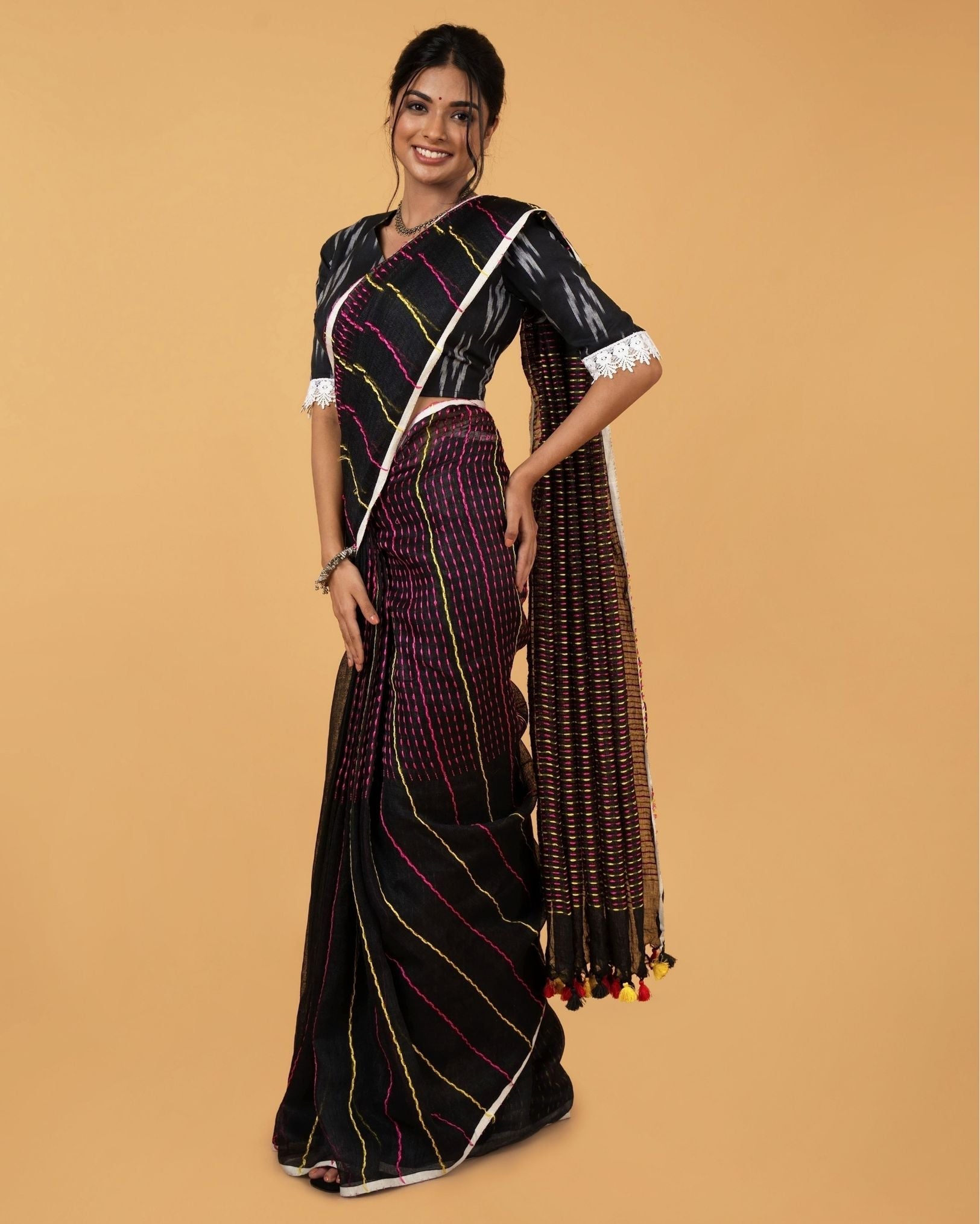 Ziyorah| Kantha Pure Linen Saree Black Colour With Kantha Blouse