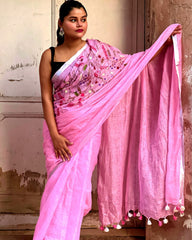 Ziyorah| Pure Linen Pink Embroidered Saree With Running Blouse