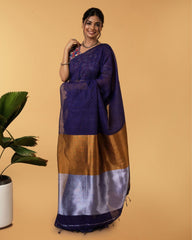 Ziyorah| Silk Linen Plain Saree Dark Blue Color With Contrast Border And Attached Running Blouse