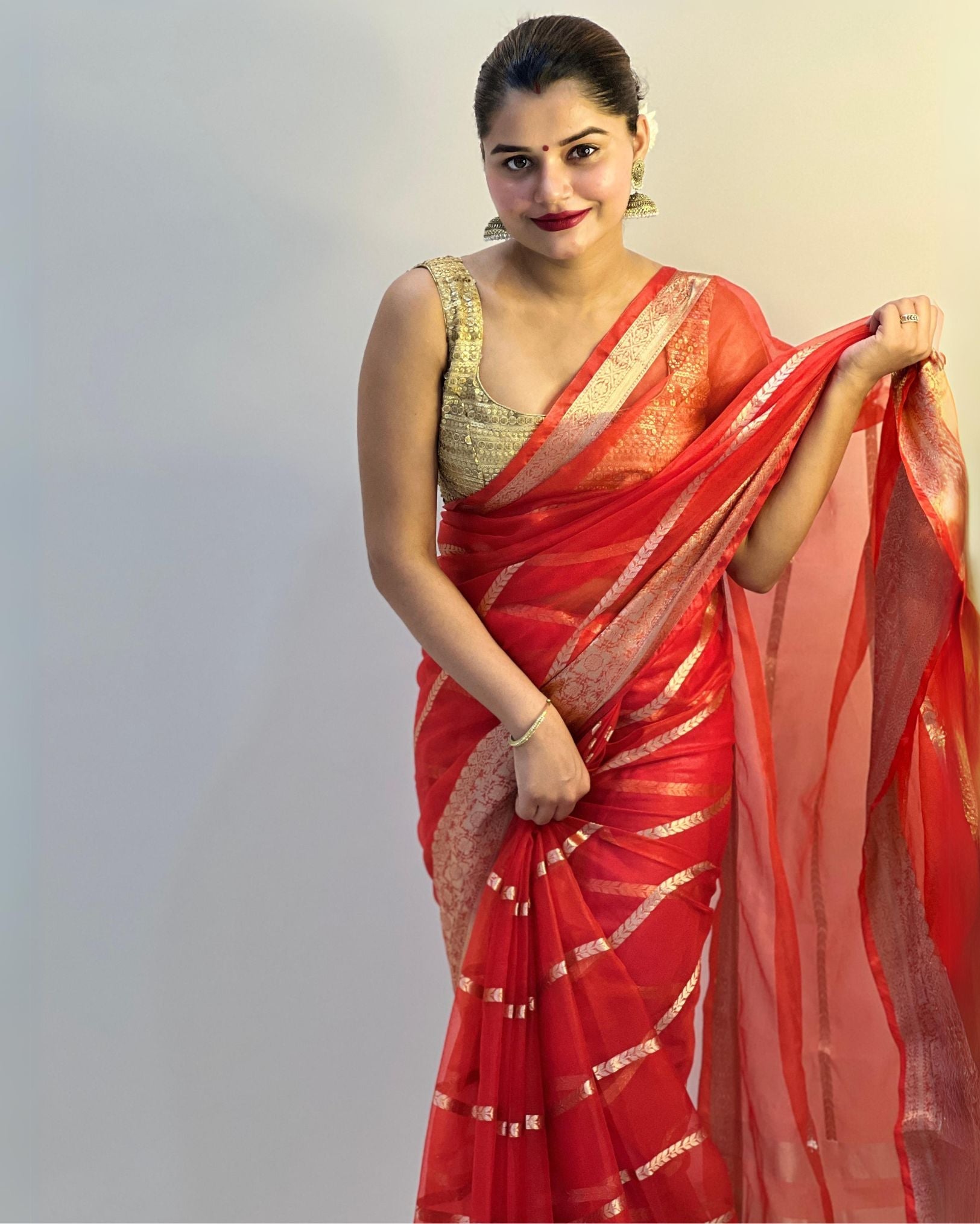 Ziyorah| Organza Pure Banarasi Silk Saree With Striped Body Running Blouse Red Colour