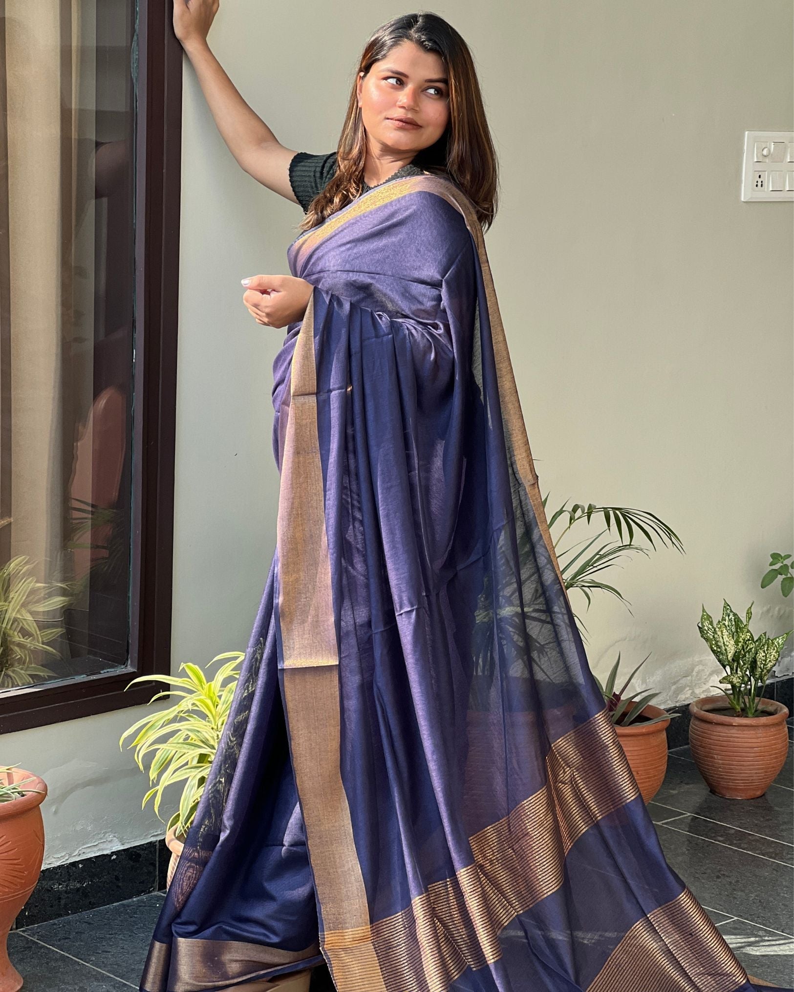 Ziyorah| Handloom Cotton Silk Saree Magenta Blue Colour With Running Blouse