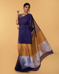 Ziyorah| Silk Linen Plain Saree Dark Blue Color With Contrast Border And Attached Running Blouse