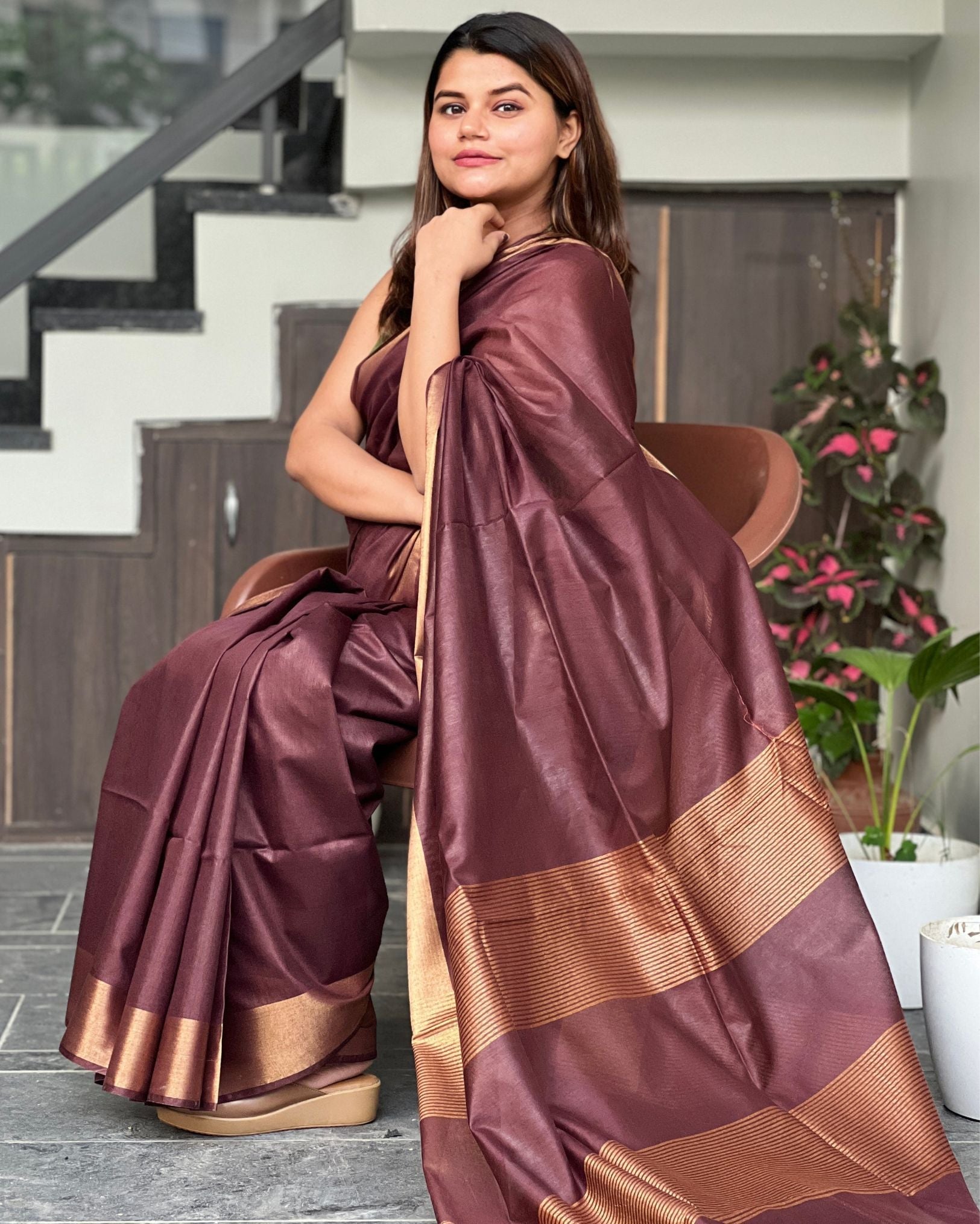 Ziyorah| Handloom Cotton Silk Saree Coffee Brown Color With Running Blouse