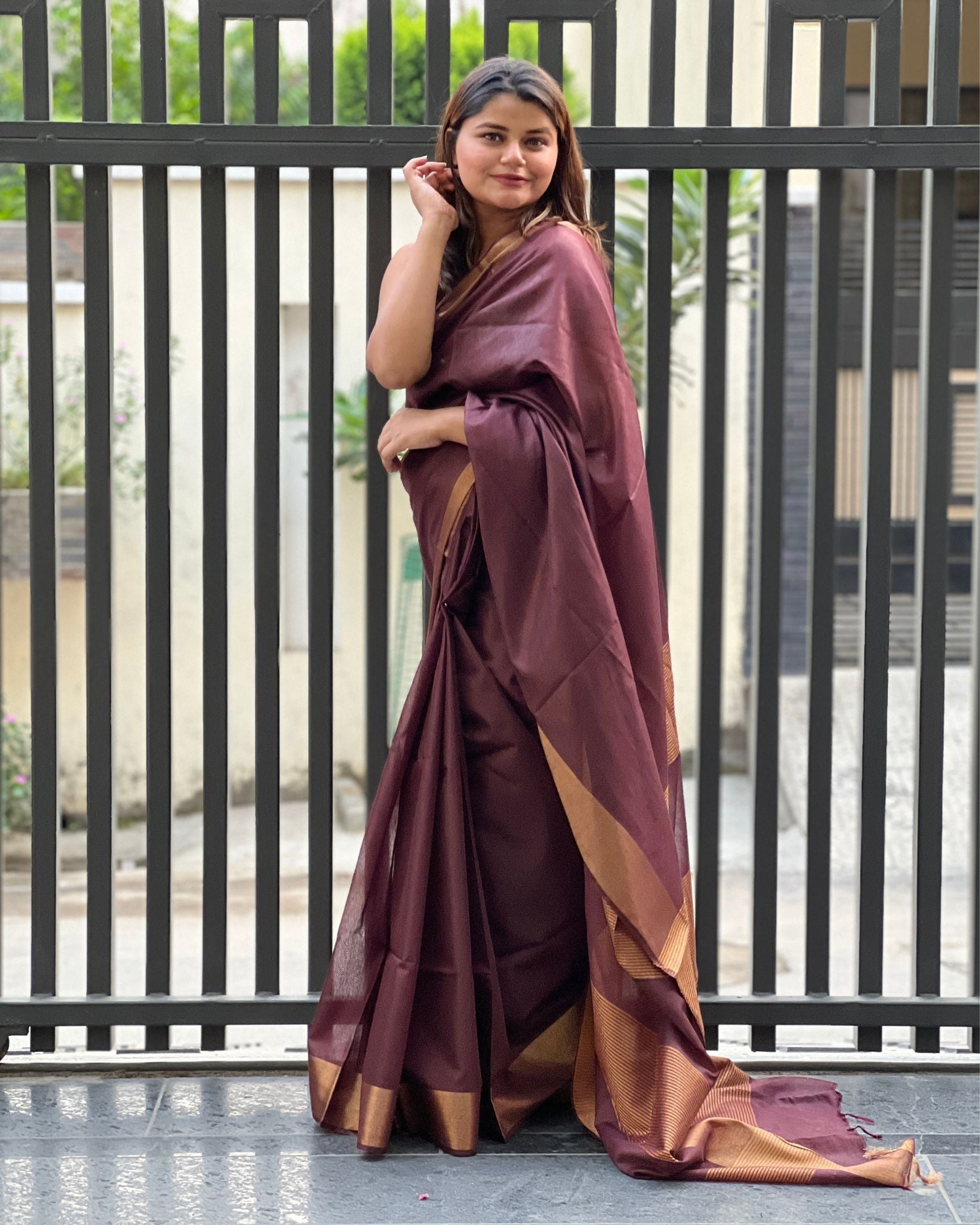 Ziyorah| Handloom Cotton Silk Saree Coffee Brown Color With Running Blouse