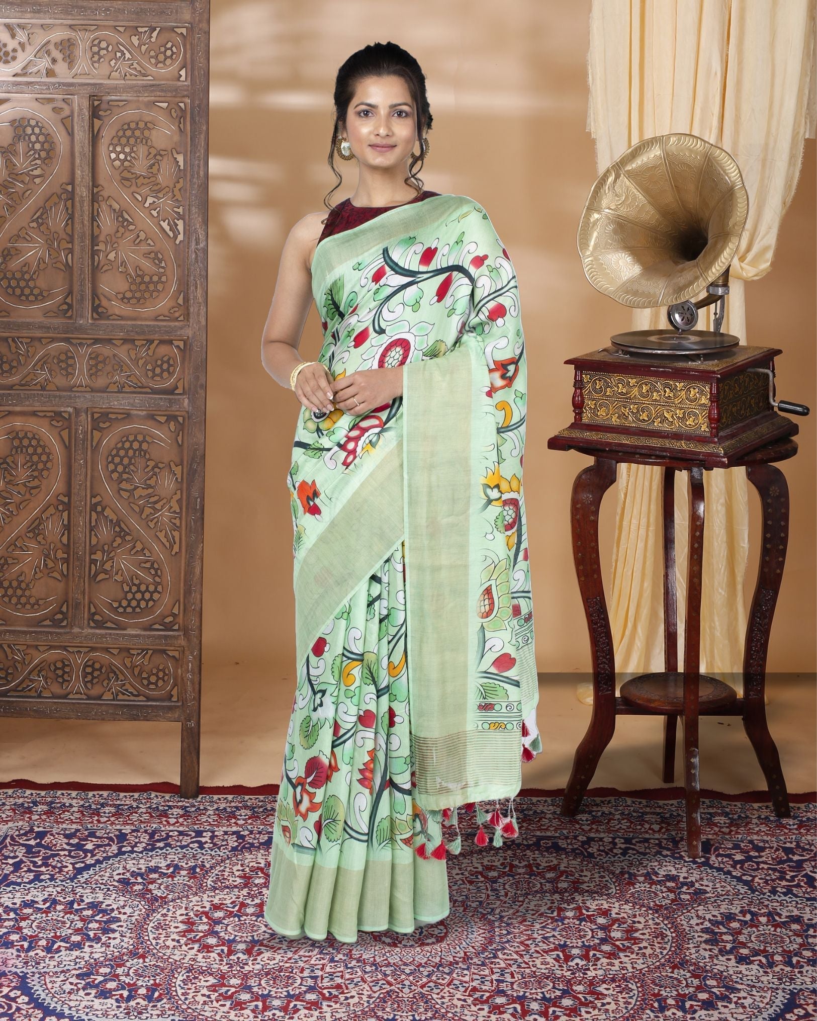 Ziyorah| Digital Printed Moonga Tussar Silk Green Saree With Running Blouse