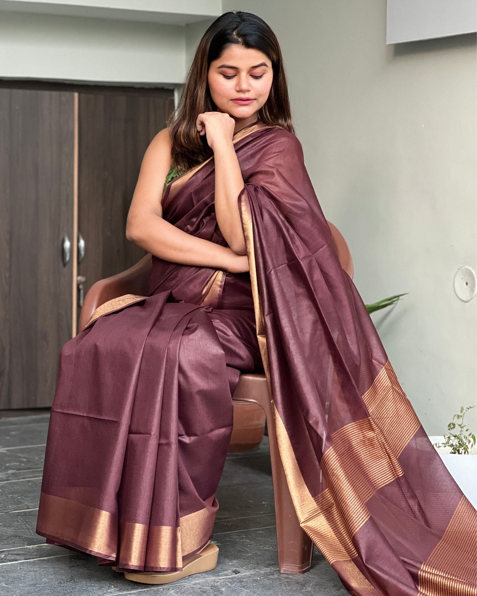 Ziyorah| Handloom Cotton Silk Saree Coffee Brown Color With Running Blouse