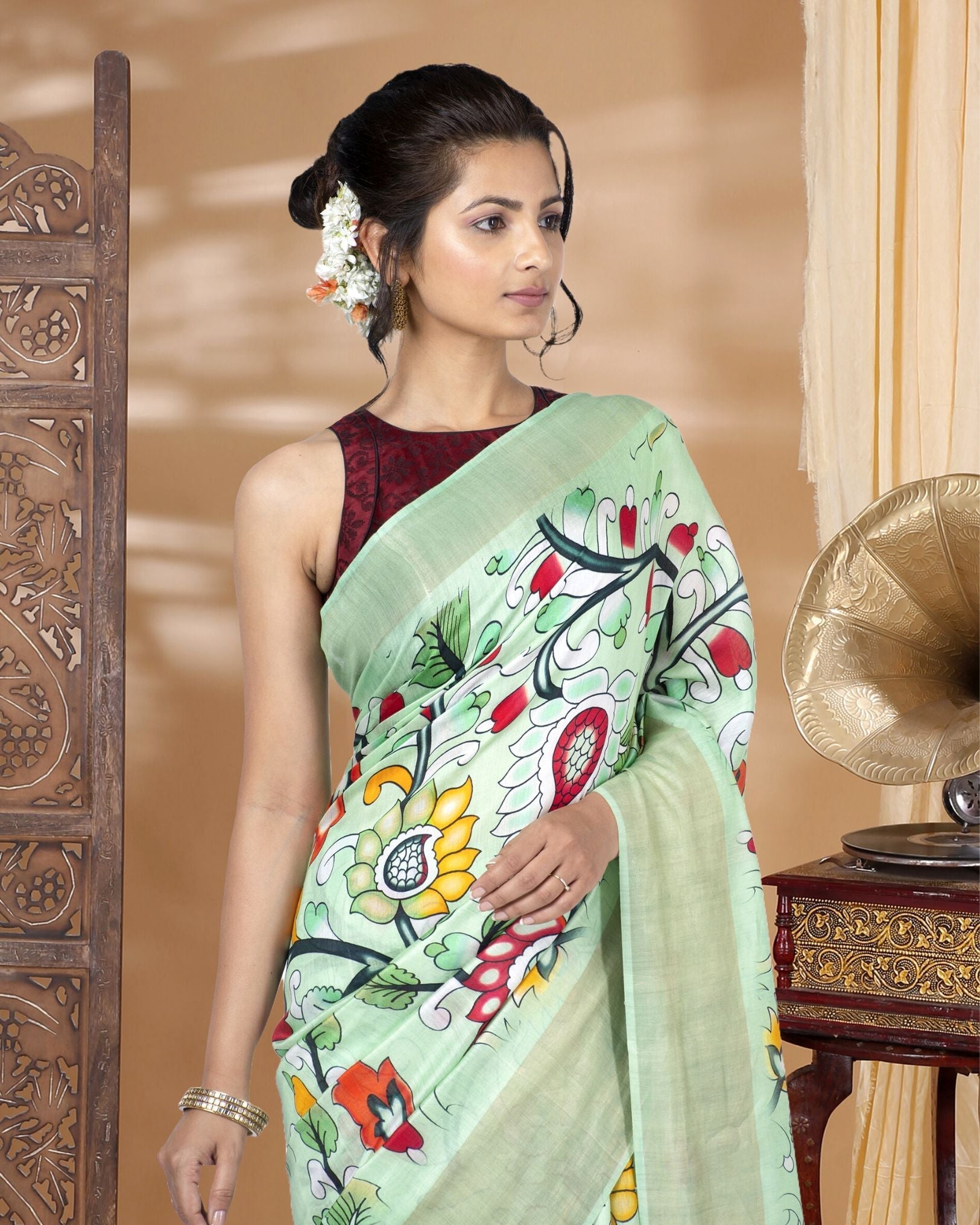 Ziyorah| Digital Printed Moonga Tussar Silk Green Saree With Running Blouse