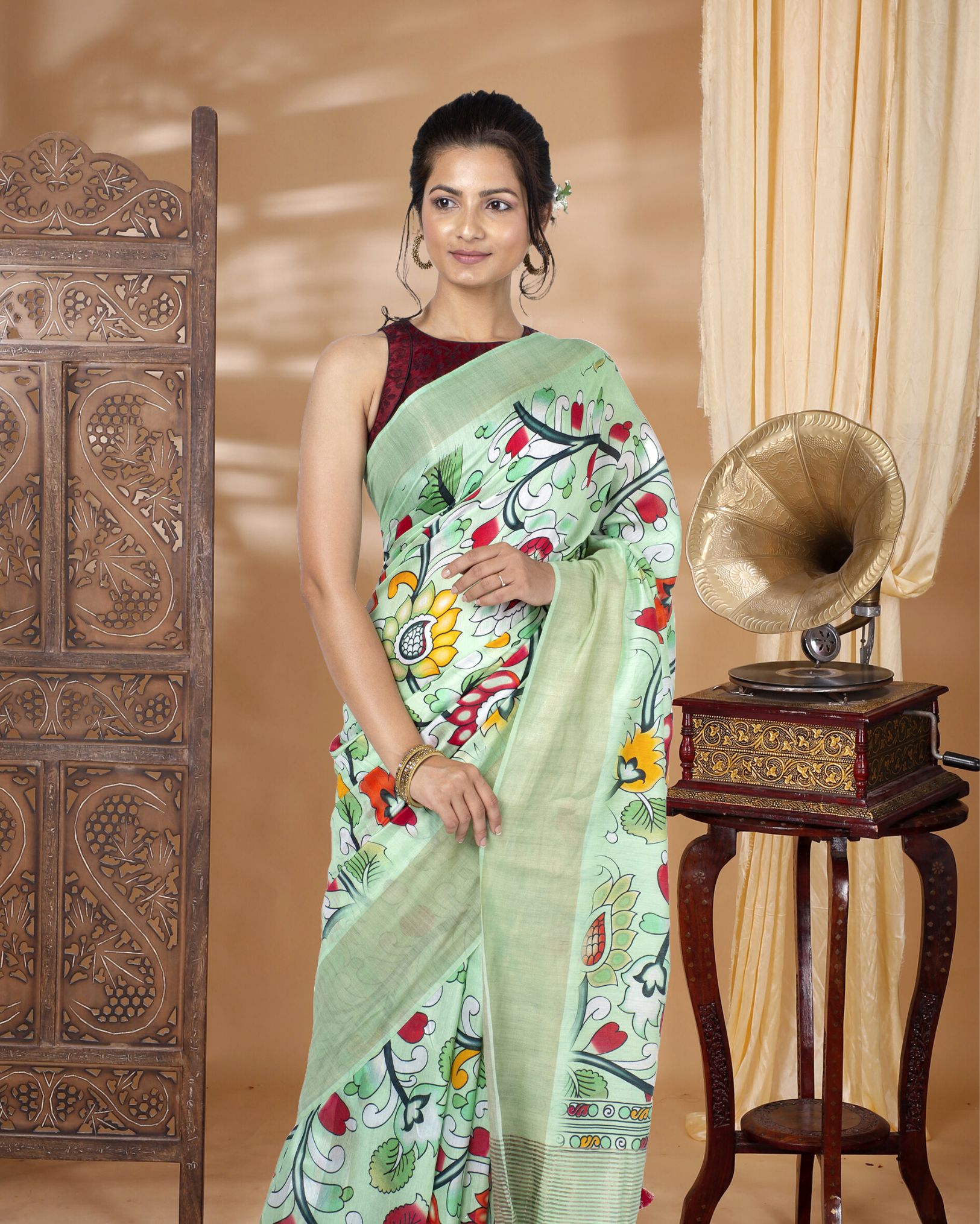 Ziyorah| Digital Printed Moonga Tussar Silk Green Saree With Running Blouse